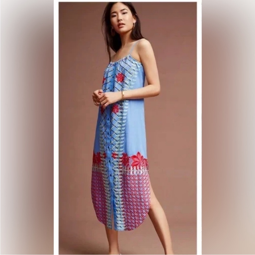Anthropologie Lilka Estina Boho Embroidered Shirt Tank Midi Dress Cotton XS